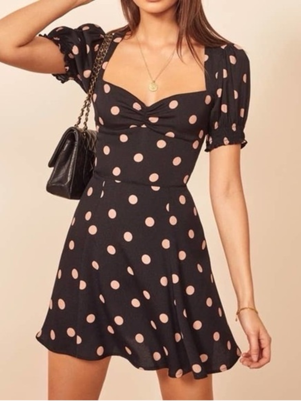 Reformation short sleeve Black Polka Dot Sweetheart Mini Dress Blush Spots size